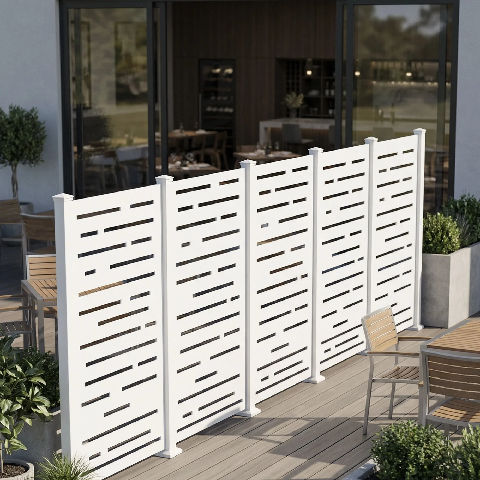 Blurrier Lines Privacy Screen – White Restaurant Patio Divider