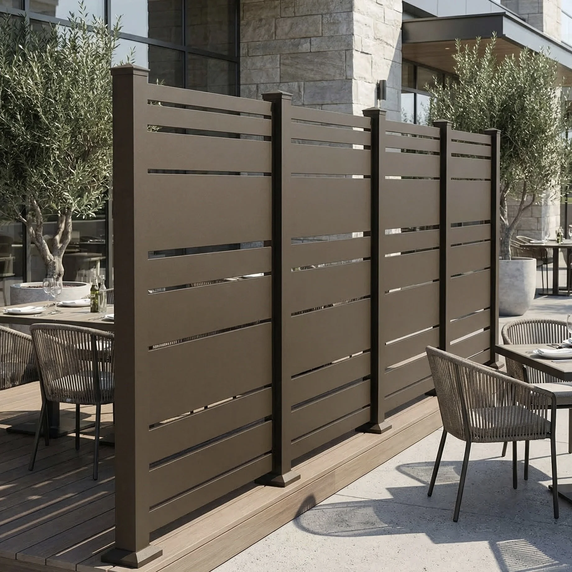 Barcode Privacy Screen – Dark Bronze Restaurant Patio Divider