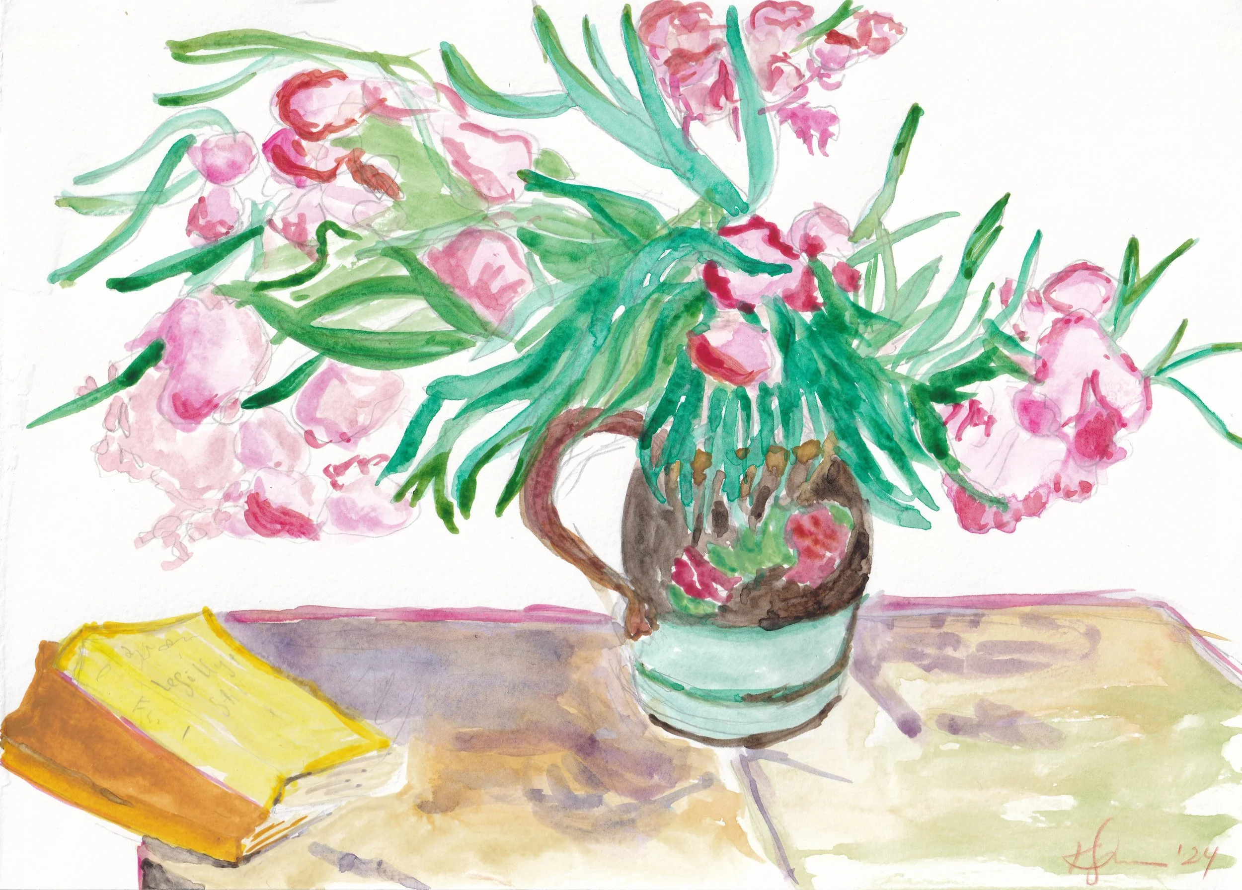 Oleanders and Books after Vincent van Gogh / Watercolor on paper, 2024