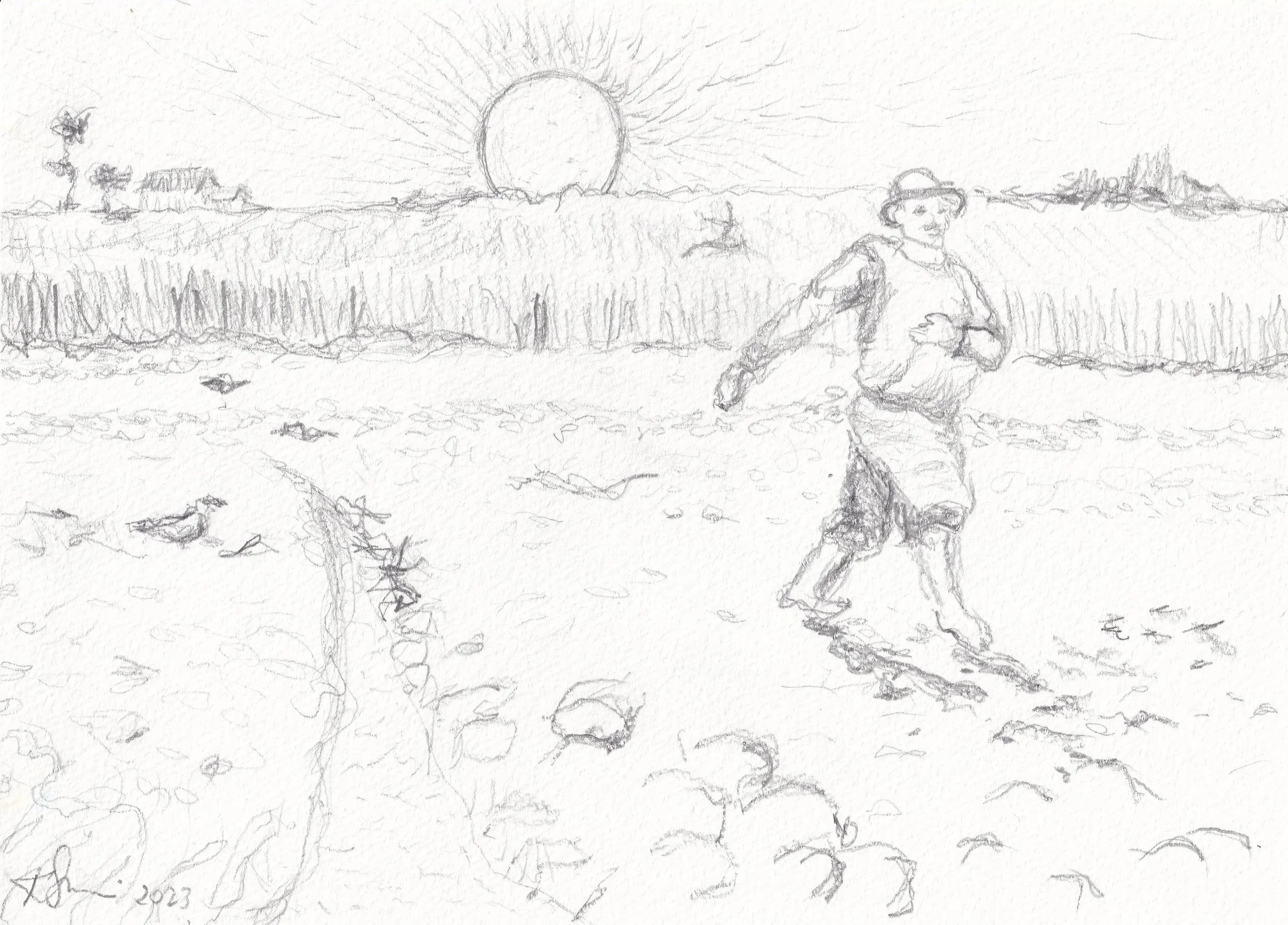 Study #2 for Sower at Sunset after Van Gogh / Pencil on paper, non-dominant hand, 2023