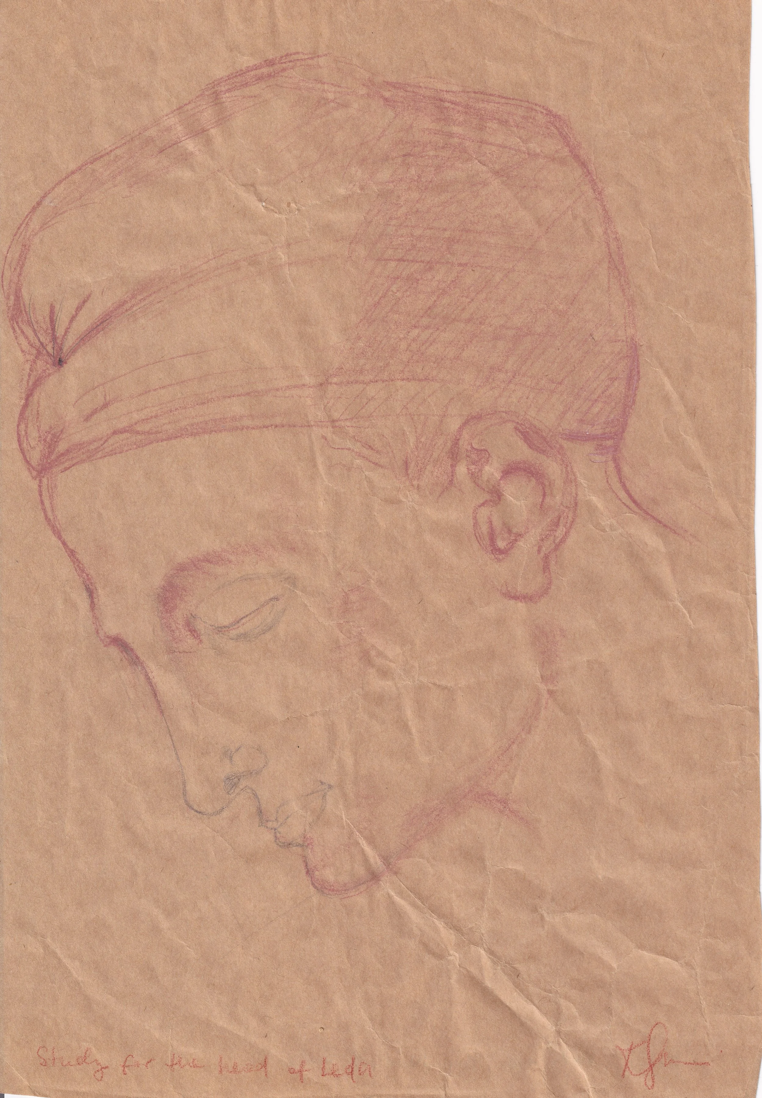 Study for the Head of Leda after Michelangelo / Sanguine pencil on brown paper, 2018
