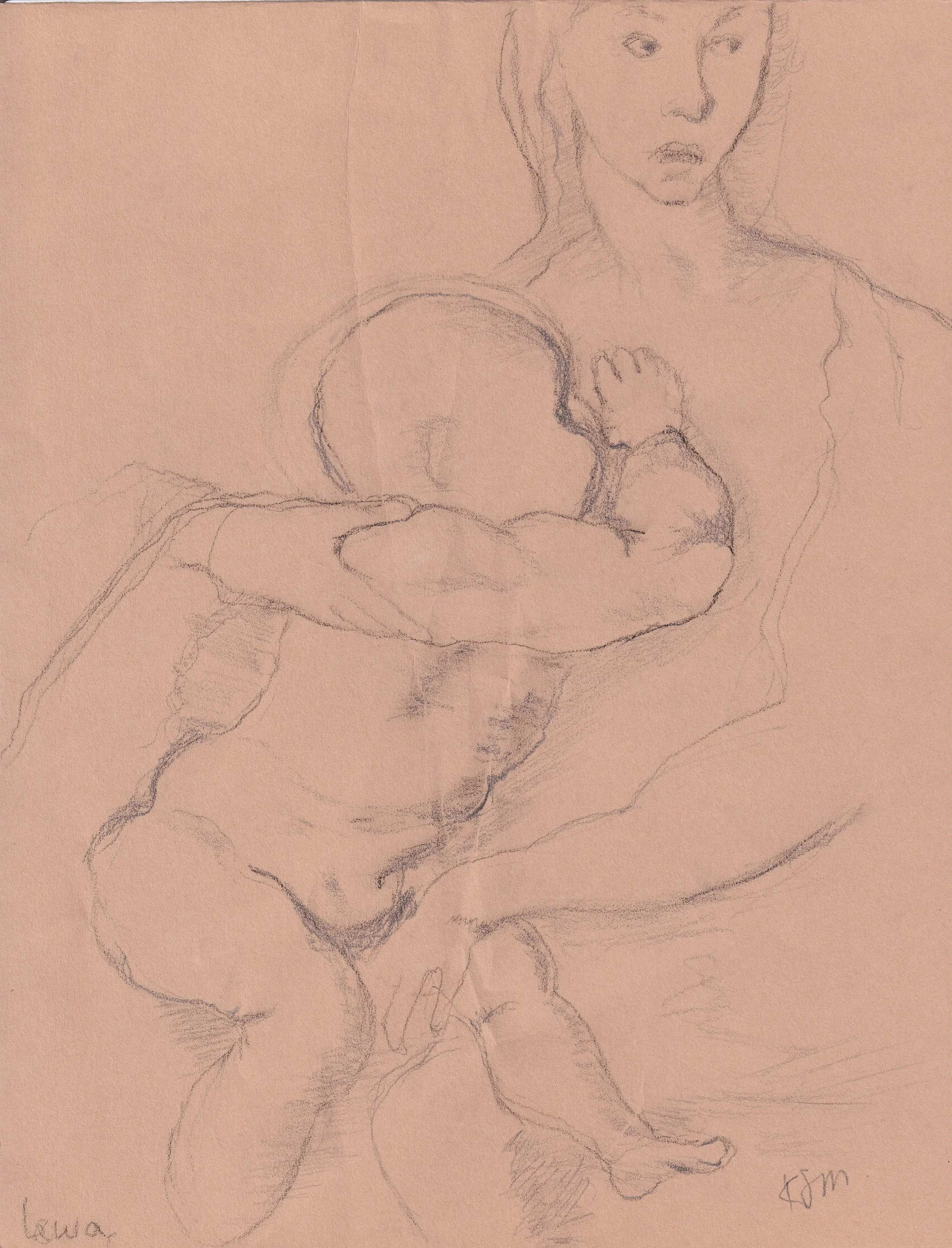 Mary and the Child / Pencil on brown paper, 2018
