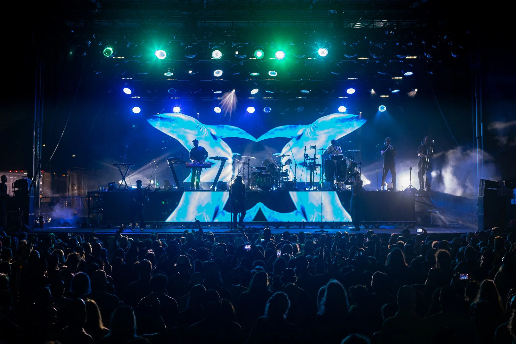 A band performing on stage with colorful lighting and a digital backdrop of a whale with a butterfly wings design, audience watching live.