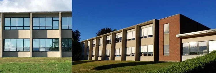 Comparison of two similar mid-century modern office buildings with large windows and concrete or brick facades, set on grassy ground under a clear blue sky.