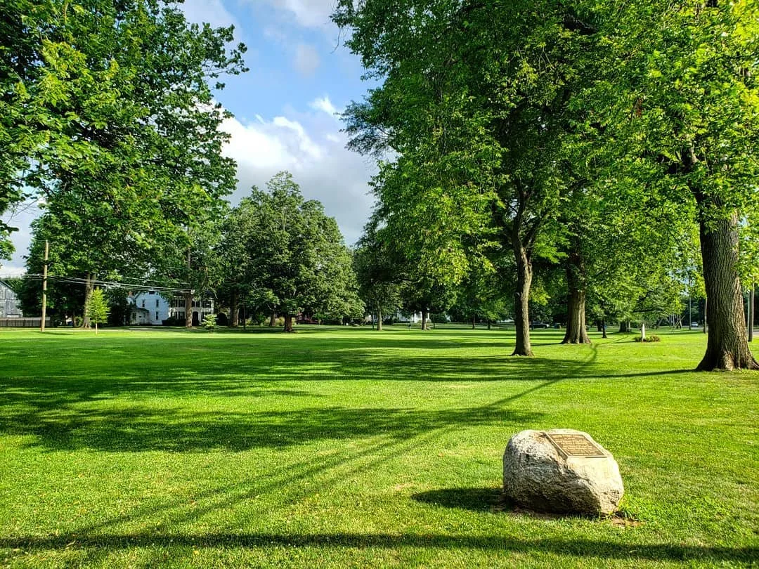 A lush, green park with several large trees casting shadows on the grass, and a stone with a plaque in the foreground.