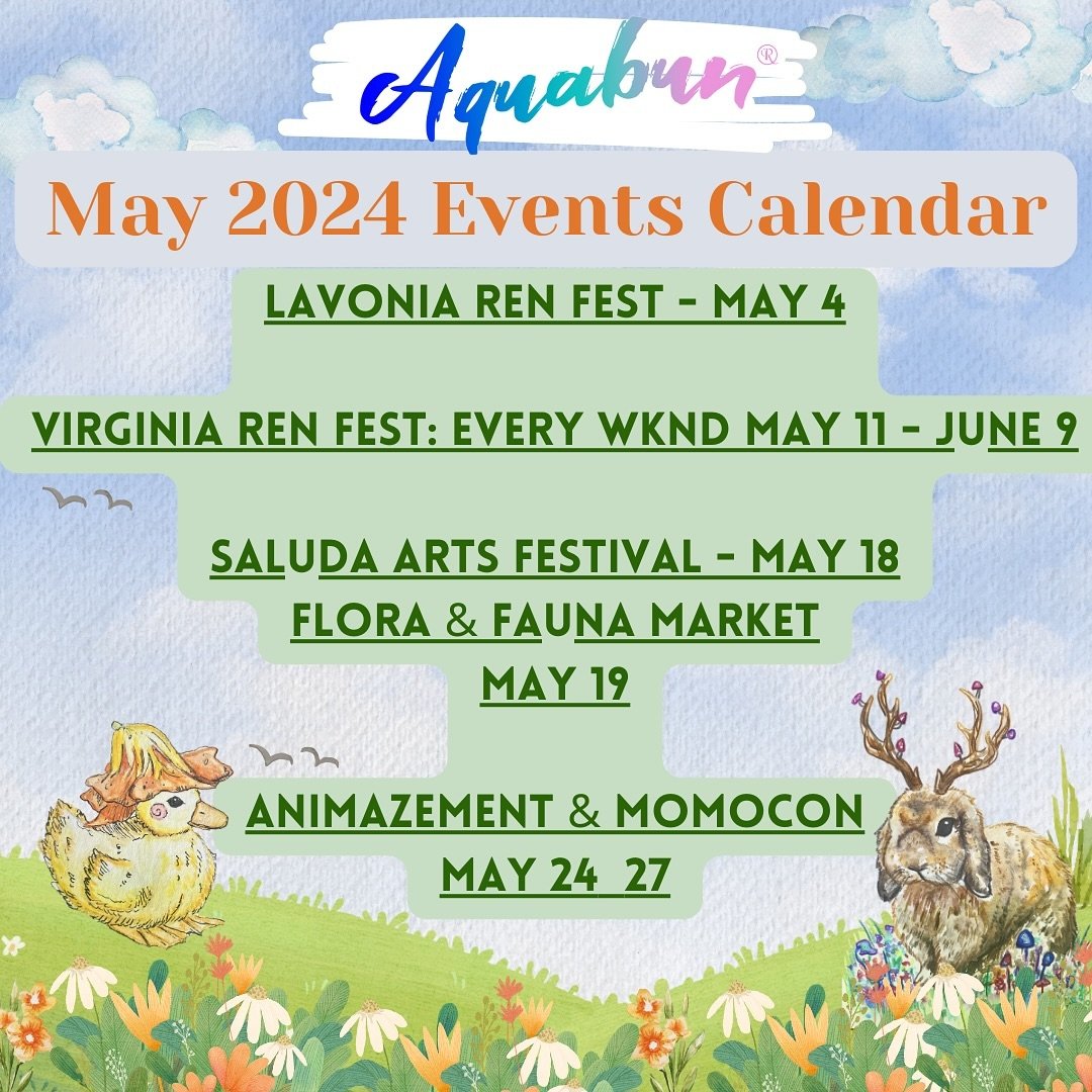 Events you will find Aquabun booth at for the month of May! 💐🌷🪻