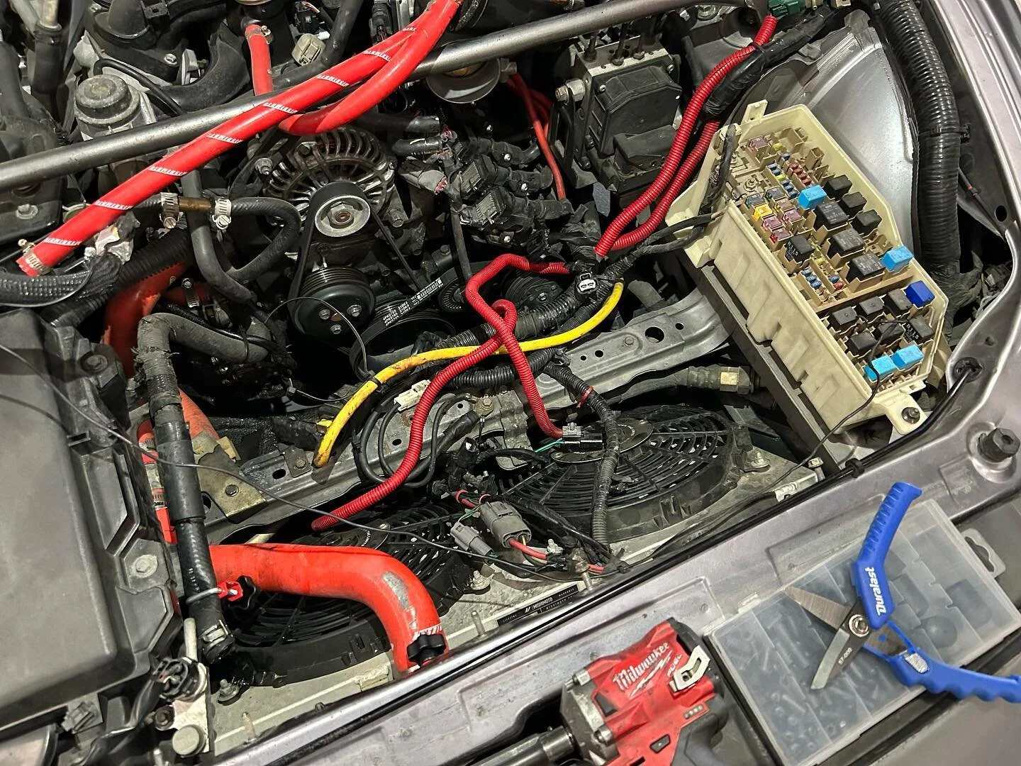 Working our way through the rats nest of wiring going on with this #mazda #rx8 as we go to upgrade the fans from the underpowered #mishimoto fans to some big #SPAL fans. #arhindrichsllc #houston #texas #cypresstexas #thatmiatashop #notamiata #rotary