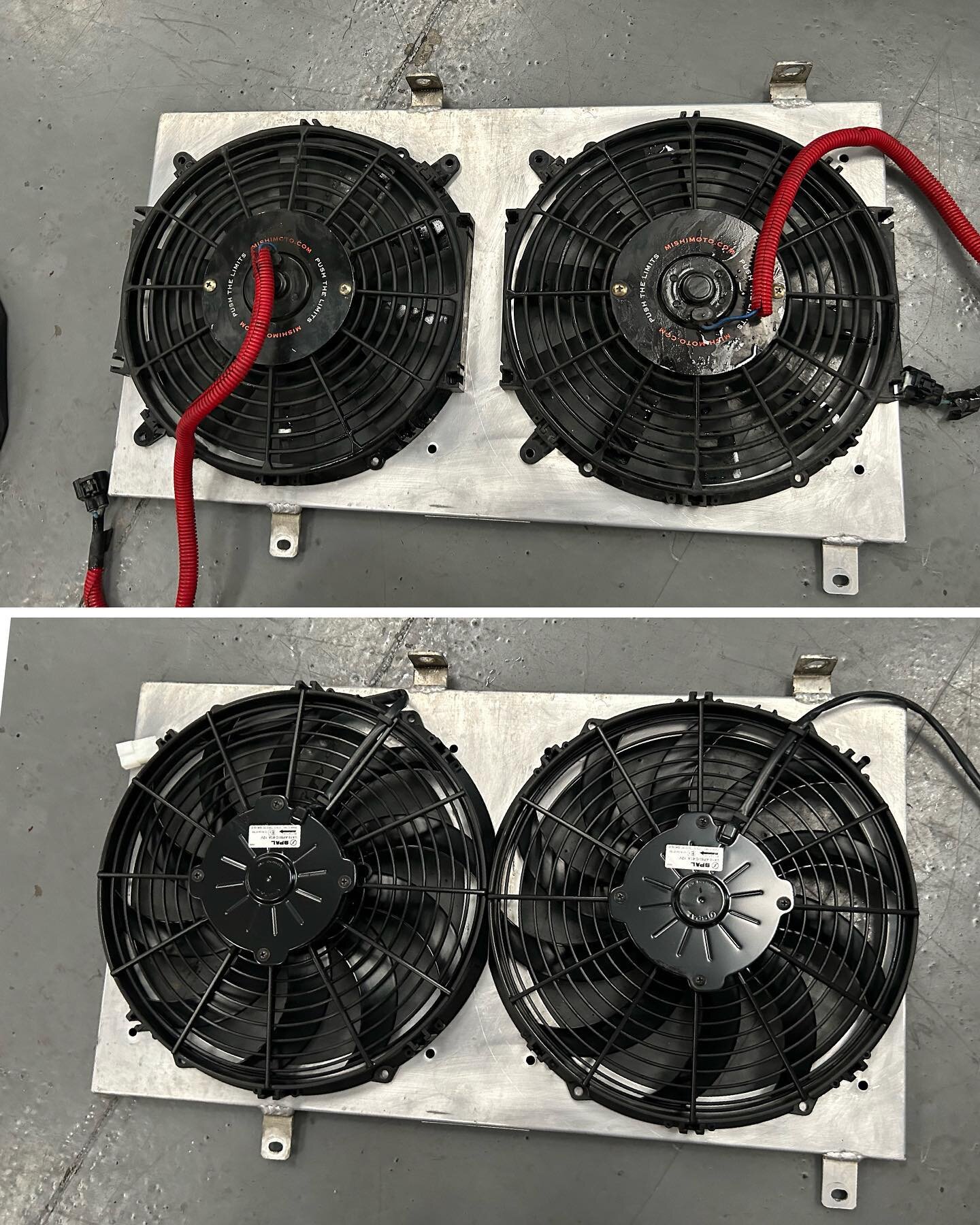 Upgraded these 7A #Mishimoto 12&rdquo; fans to some 13A #SPAL 12&rdquo; fans. For them both being advertised as the same size one sure looks bigger.  #arhindrichsllc #houston #texas #cypresstexas #thatmiatashop #fanupgrade #spalfans #coolingupgrade