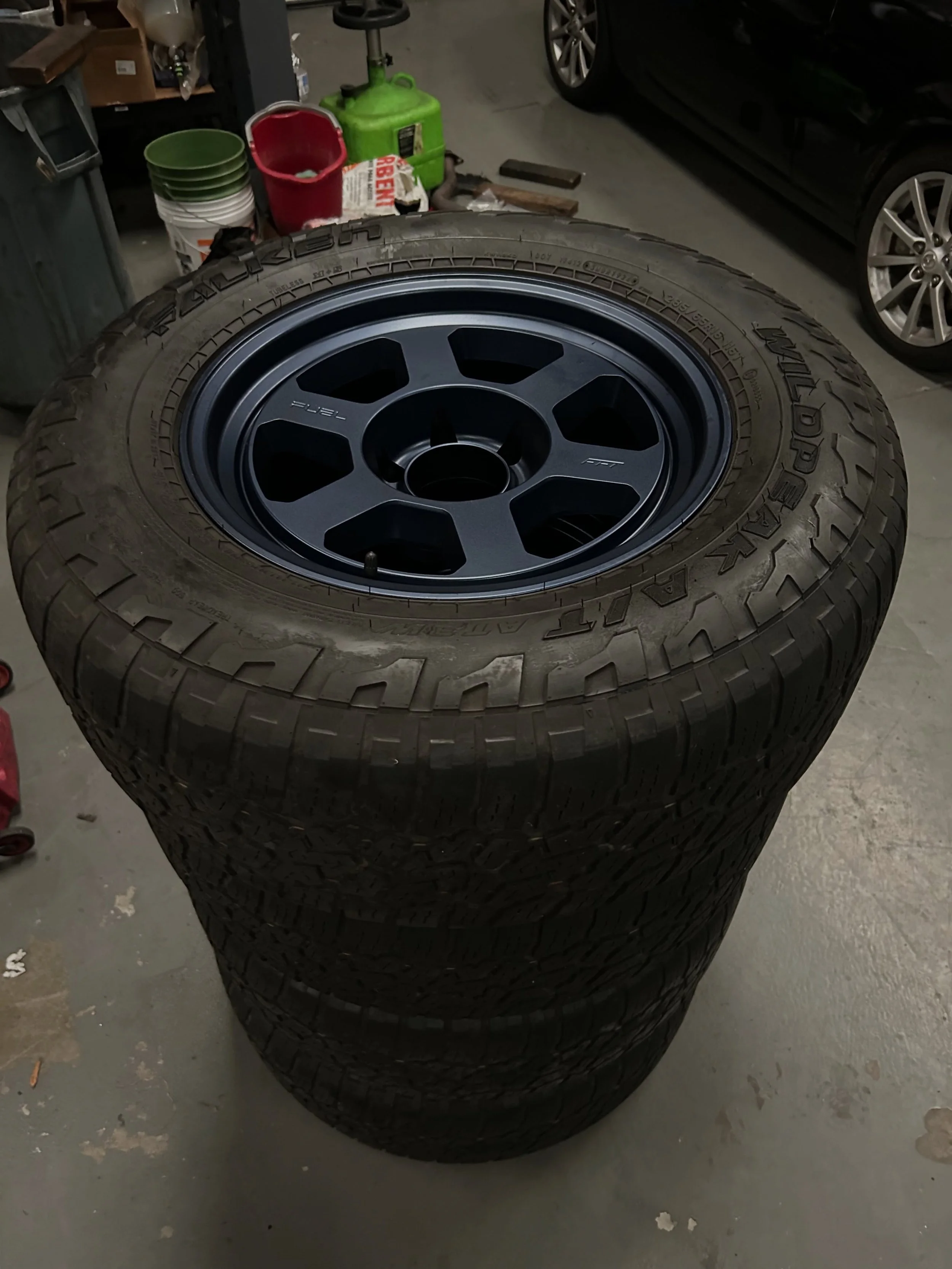 Mounted and balanced these 18&rdquo; @fuel_wheels with some low mileage take off 32&rdquo; tires with some TPMS sensors as well. #arhindrichsllc #thatmiatashop