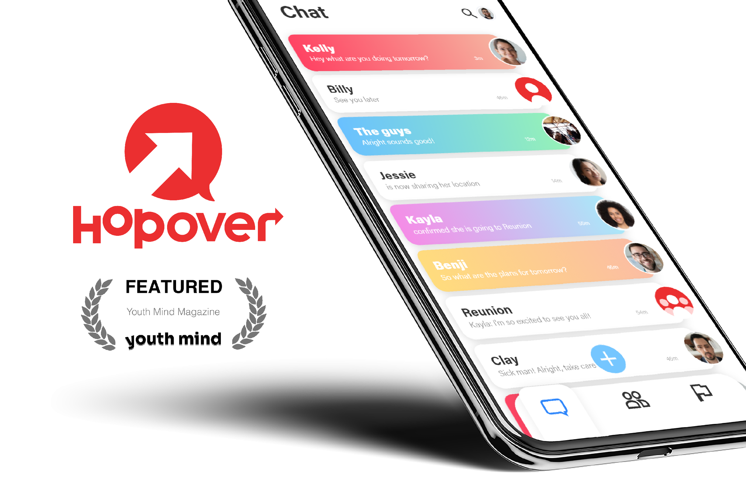  Hop Over 
 Branding, graphic design, and UI/UX design for an aspiring chat app startup.  