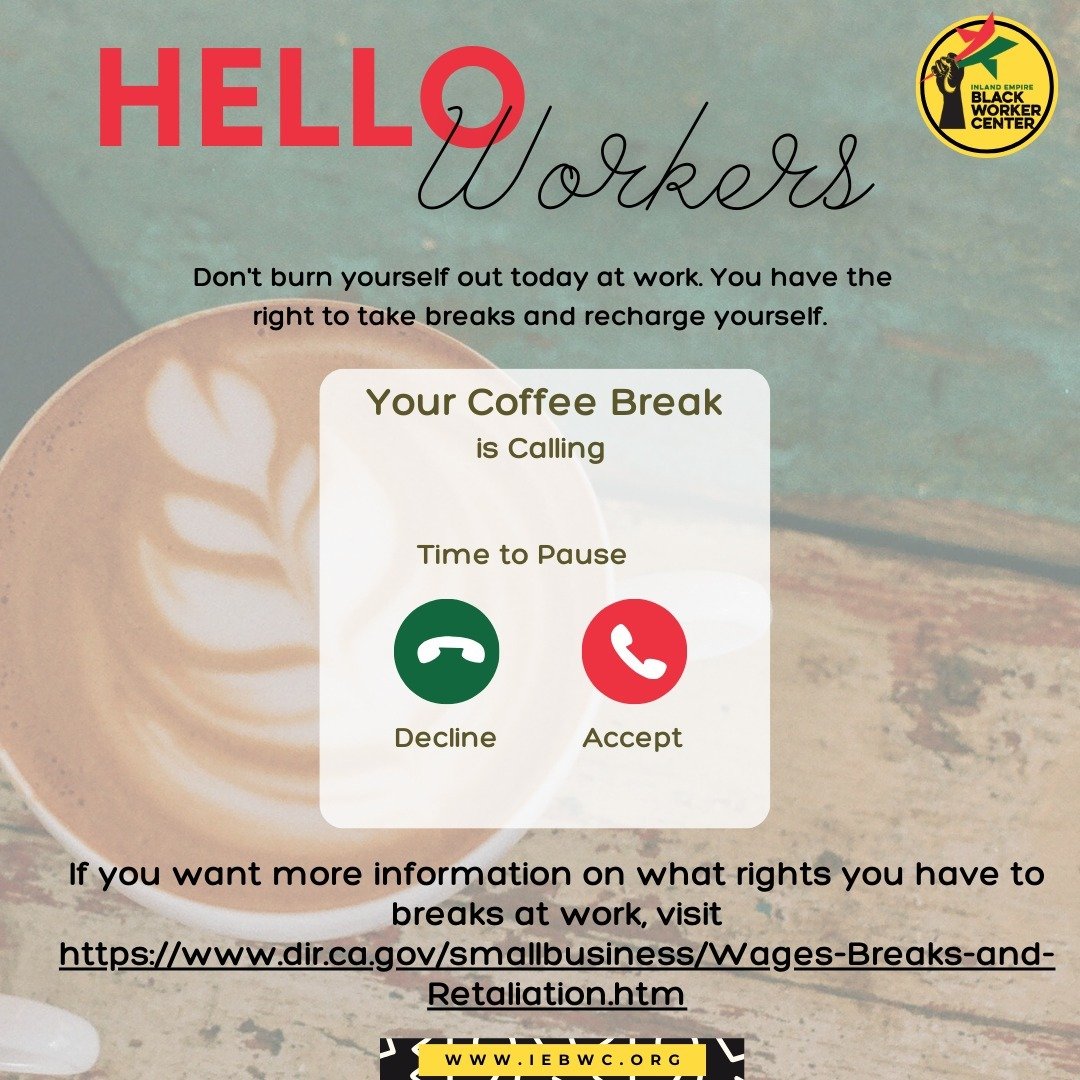 🌟 Attention Workers! 🌟

Don't let the workday consume you! Remember to prioritize your well-being by taking breaks.

Did you know you have rights to meal and rest breaks based on your total daily work hours?

For more information on your rights to 