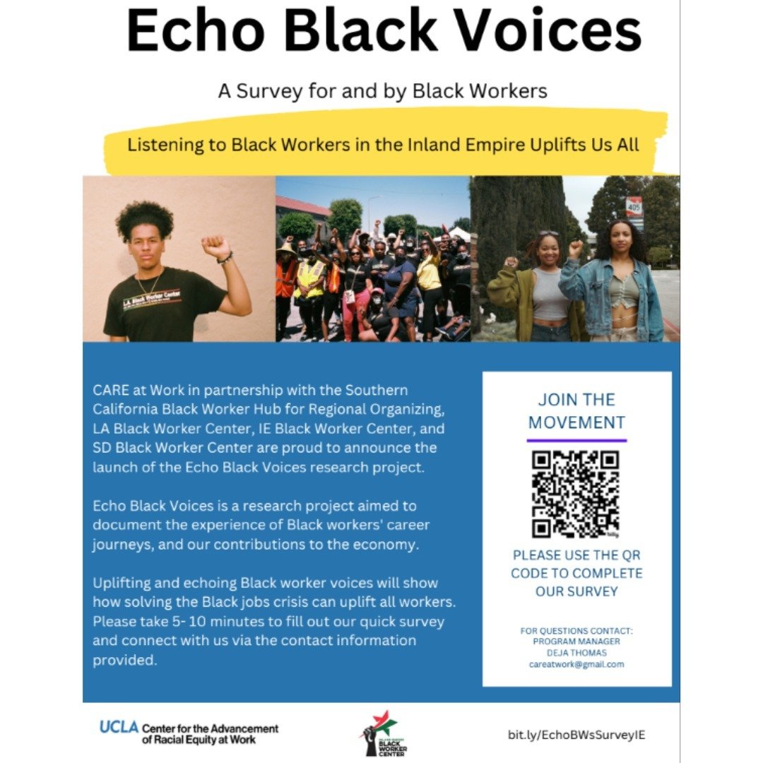 🌟 Calling all Black workers in Southern California! 🌟

Ready to make a difference? Join us in amplifying Black voices and experiences by participating in the #EchoBlackVoices: Black Worker Survey!

 Your input will help shed light on the impact of 