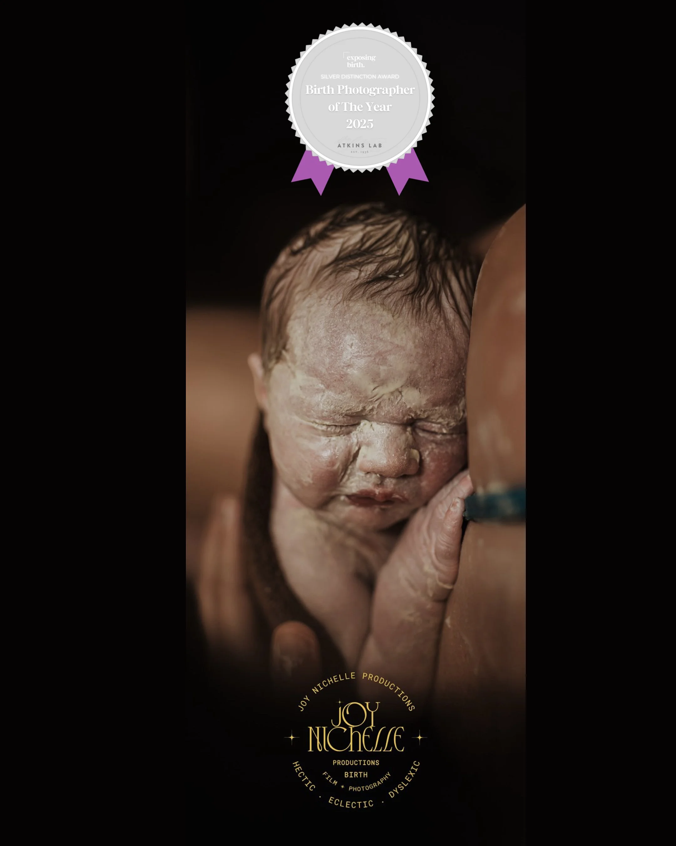 Award certificate with a purple ribbon that reads 'Birth Photographer of the Year 2025'. The certificate is awarded by Atkins Lab and mentions exposing birth.