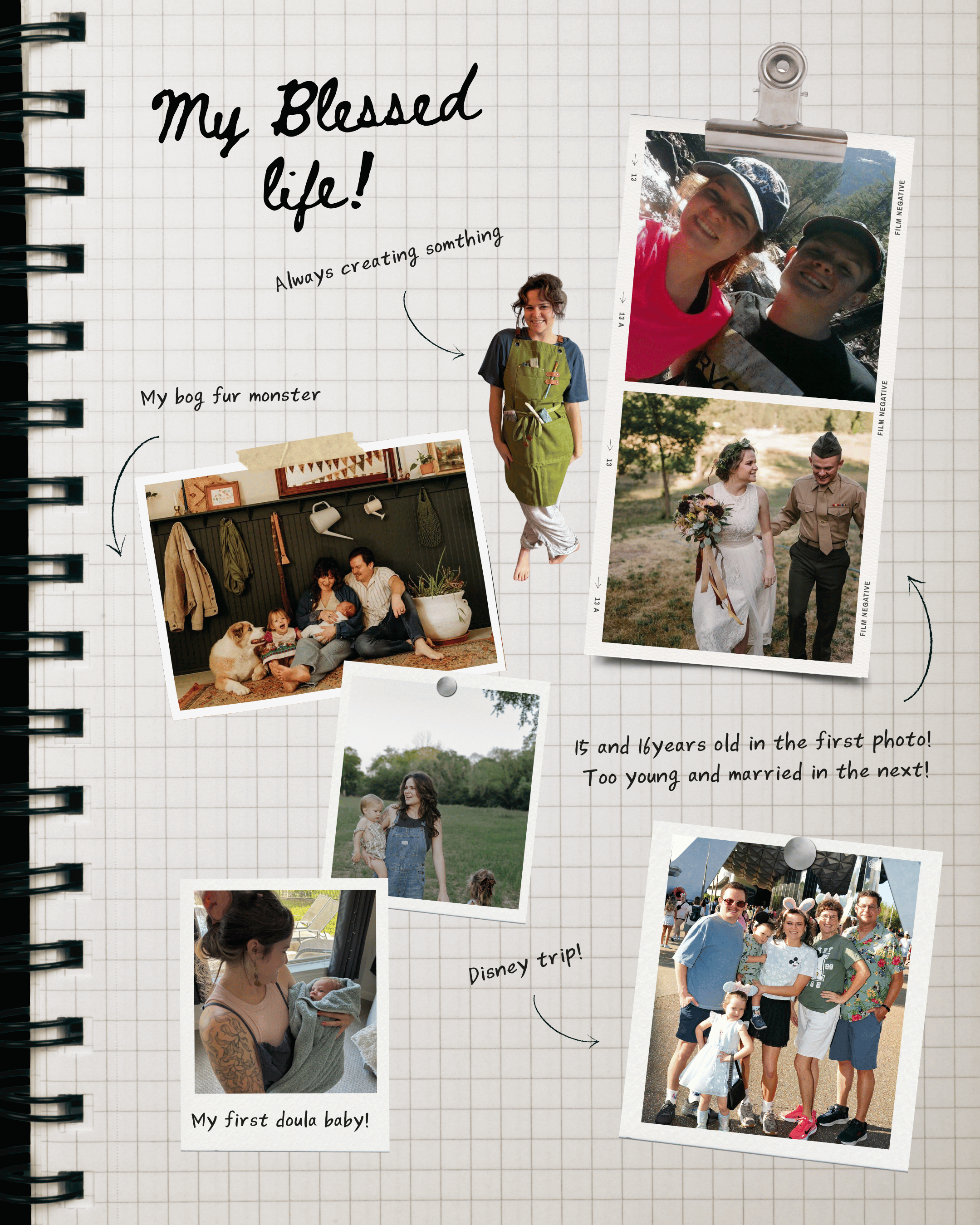 A scrapbook page with photos of a woman, family, and friends, with handwritten notes about life events and experiences.