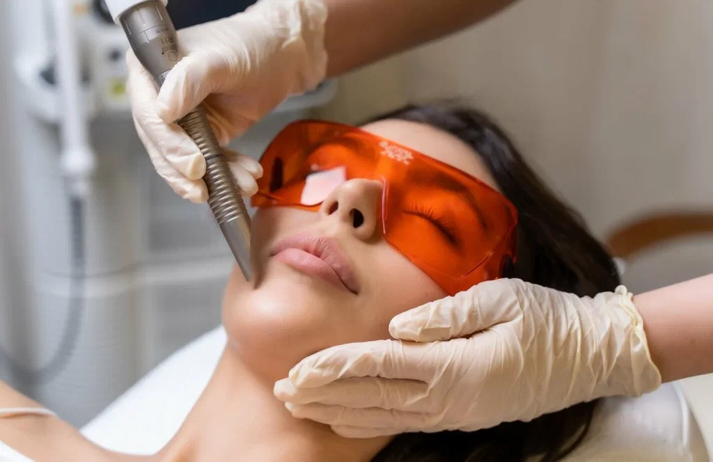 A woman receiving a laser skin treatment while wearing orange protective glasses, with a technician wearing gloves holding a handheld laser device near her face.