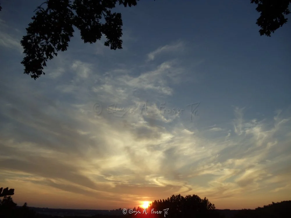 View 246 - sun piercing through clouds in rainbow sky framed by silhouetted trees and distant horizon of sky scrapers, Wildlife, Minnesota USA, Summer 2014