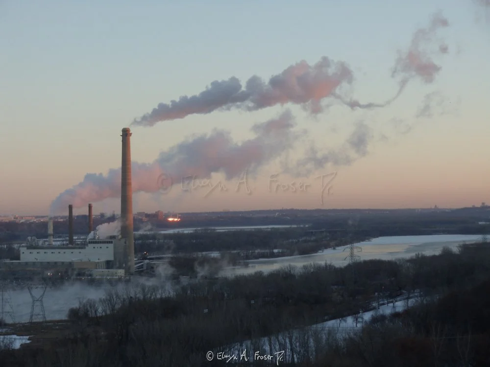 View 345 - Xcel Energy industrial chimney with steam glowing purple by sunlight over lake, Humanity, Wildlife, Black Dog Lake Minnesota USA, Winter 2014/2015