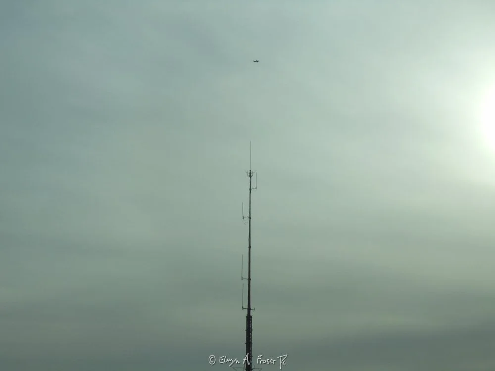 View 400 - skyscraper spire pointing to distant plane flying across cloudy sky, Humanity, The Foshay Tower Minnesota USA, Spring 2015