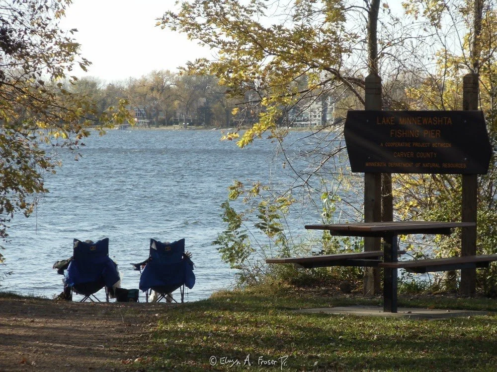 View 484 - two people sitting near edge of lake, Humanity, Wildlife, Lake Minnewashta Regional Park Minnesota USA, Fall 2015