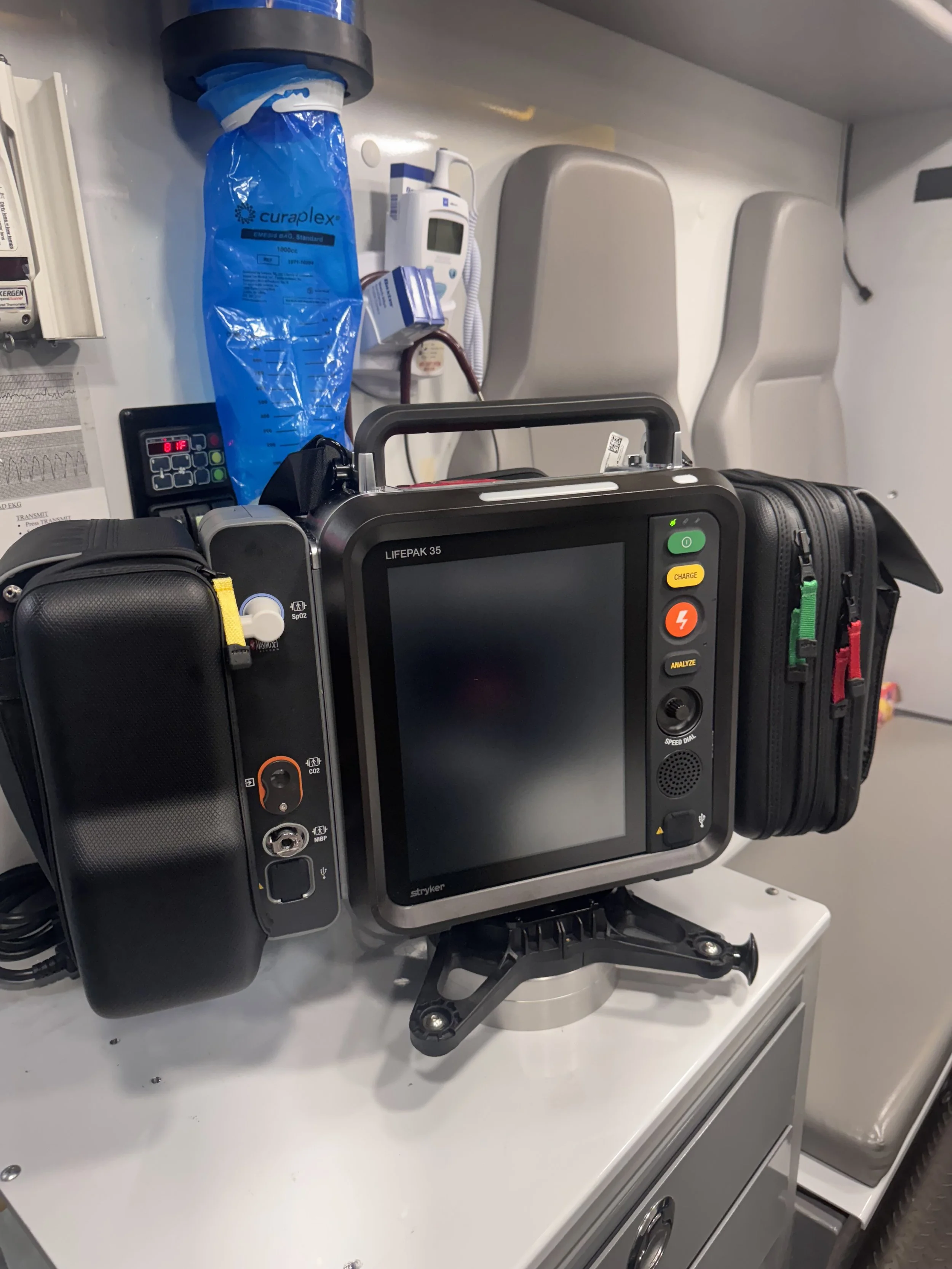 To aid our EMS Providers in providing efficient evaluations and care to our patient; they're equipped with the new LIFEPAK 35 for continuous cardiac monitoring, automatic assessment of vitals, and AED functions. All information can be transmitted to
