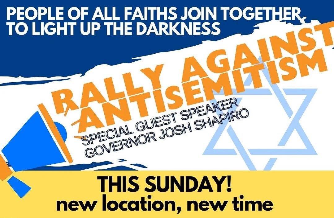 Due to expected inclement weather, Sunday's rally will now take place at Congregation Rodeph Shalom - super close to Temple University!  NEW TIME:
12:30 p.m. - 2:00 p.m. Temple students please let a Hillel staff member know if you would like to atten