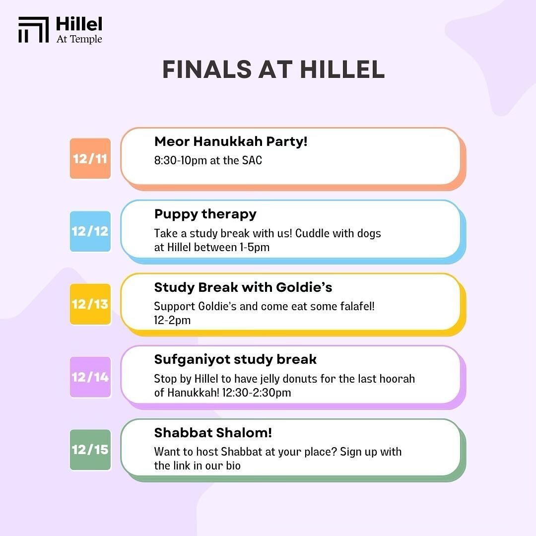 This week at Hillel: Finals Edition!

Join us for a week of more Hanukkah celebrations, good food, and study breaks! 🥳