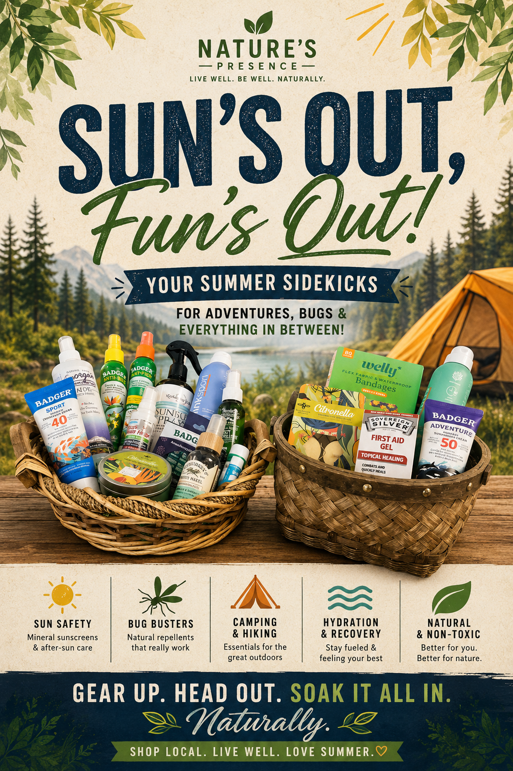 A summer outdoor scene with a background of trees and mountains, featuring two baskets filled with various outdoor and skincare products, bonus items like bandages and first aid gel, and props like a tent. The poster promotes summer outdoor activities, sun safety, bug protection, camping, hydration, and natural, non-toxic products.