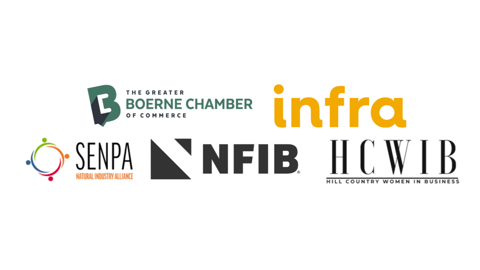Logos of various organizations including the Greater Boerne Chamber of Commerce, Infra, SENPA, NFIB, and Hill Country Women in Business.