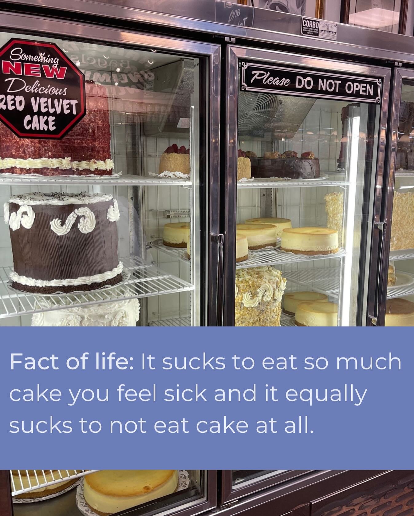 Fact of life: It sucks to eat so much cake you feel sick and it equally sucks to not eat cake at all. 

What do we do about it? 

Give yourself permission to have more cake later or tomorrow or the day after that so you can give yourself the space to