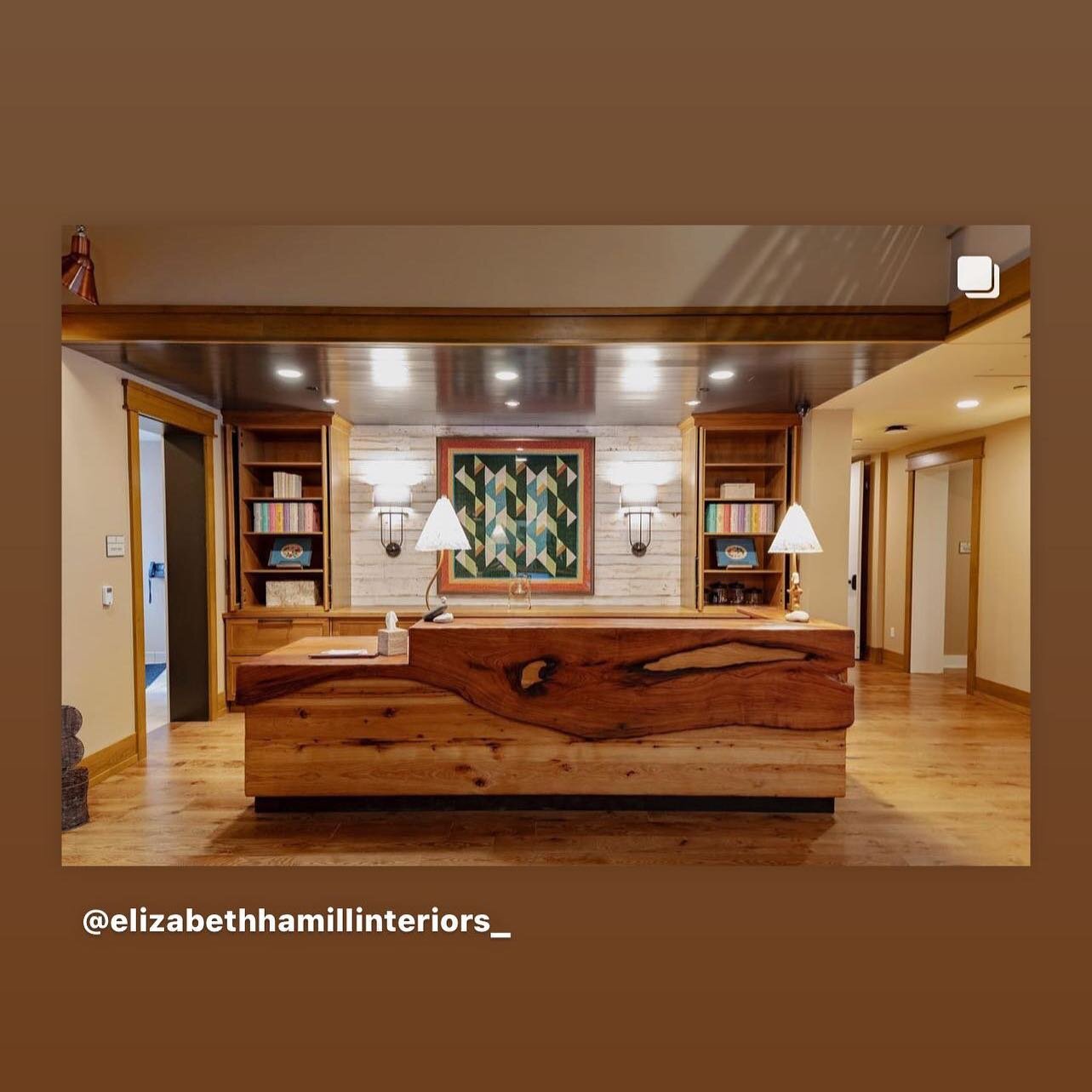 We crafted this reception desk using a massive mesquite slab with a natural edge. Designed by @elizabethhamillinteriors_  for the @sentryworld resort #naturaledge #hospitality #golf #resort #sentryworld #craftsmanship #millwork