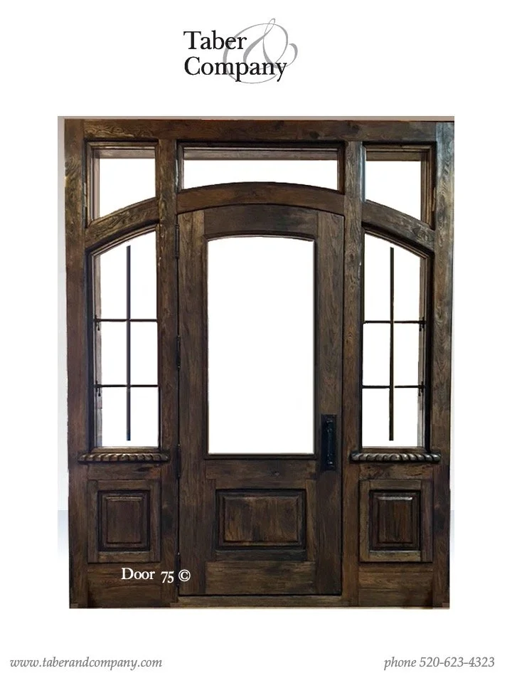 A wooden front door with windows and decorative panels, surrounded by a wooden frame, with the Taber & Company logo at the top, website at the bottom left, and phone number at the bottom right.