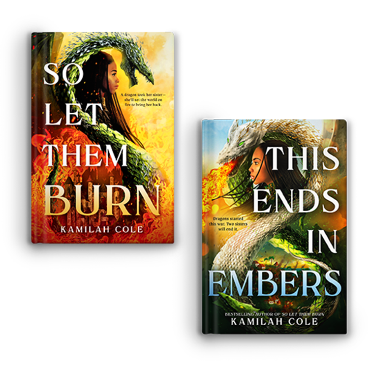  So Let Them Burn  and  This Ends in Embers by Kamilah Cole (paperback editions). Cover art by Carlos Quevedo.