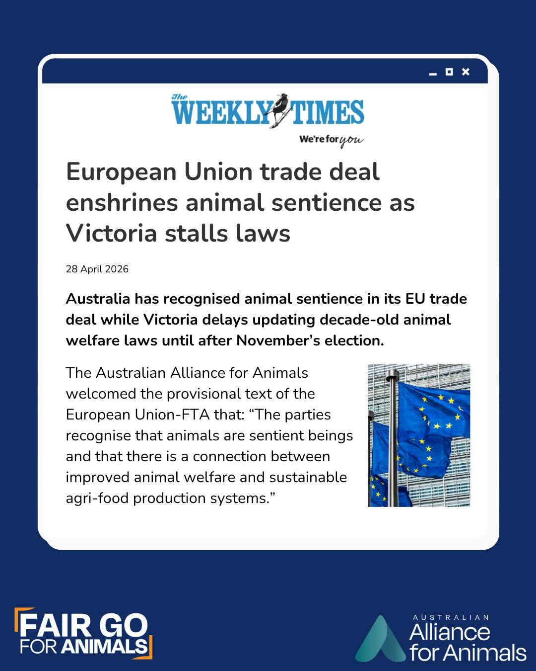 The world is moving forward on animal welfare &mdash; so why is Victoria standing still?

Australia&rsquo;s EU trade deal now recognises animals as sentient beings, joining a growing global shift that puts animal welfare at the centre of modern polic