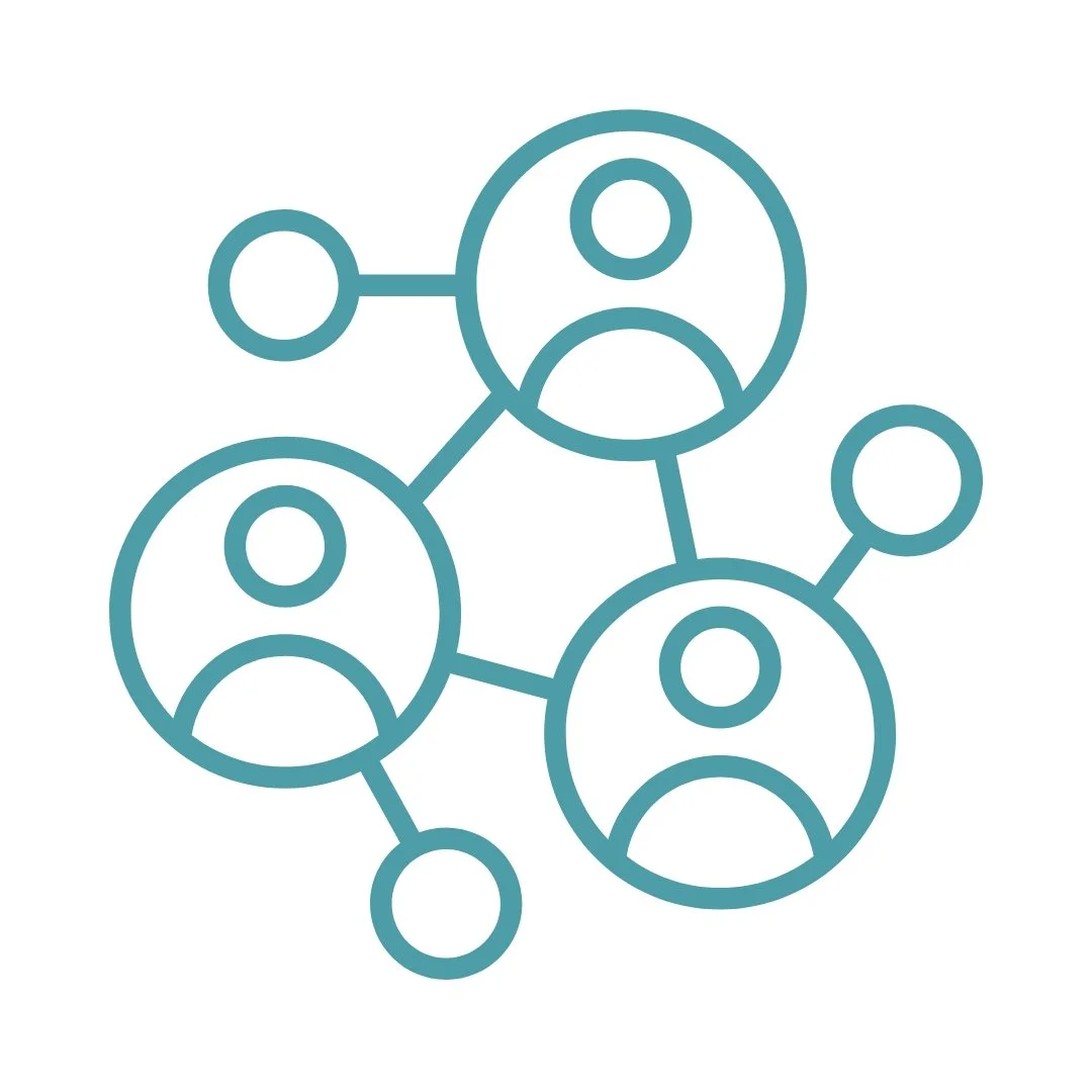 Icon representing a social network or connecting people with interconnected circles and user profiles.