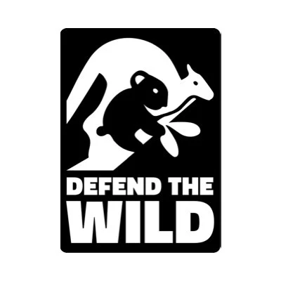 A black and white graphic with a mountain, a bear holding a fishing rod, and a deer silhouette, with the text 'DEFEND THE WILD' at the bottom.