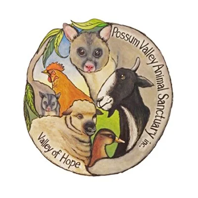 Illustration of a circular logo for Possum Valley Animal Sanctuary, featuring a possum, dog, goat, cat, duck, and rabbit surrounded by leaves.