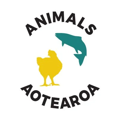 A logo with the words "Animals Aotearoa" in black, featuring a yellow kiwi bird and a teal dolphin in the center.