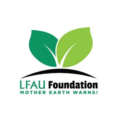 Logo for LFAU Foundation featuring two green leaves above the foundation's name with slogan 'Mother Earth Warns!'