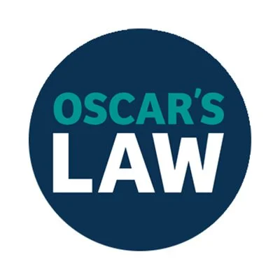 Oscars' Law logo with teal and white text on a dark blue circular background.