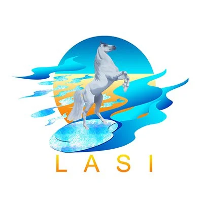 A logo featuring a white horse rearing up on a small circular icy platform, with a blue and orange background depicting water and sky, and the word 'LASI' written below in yellow and orange letters.