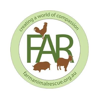 Logo for Farm Animal Rescue with a green circle, a chicken, a pig, and a cow, and the text 'creating a world of compassion' and 'farmanimalrescue.org.au'.