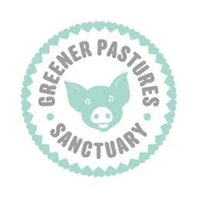Logo for Greener Pastures Sanctuary with a pig's face in the center and a circular border.