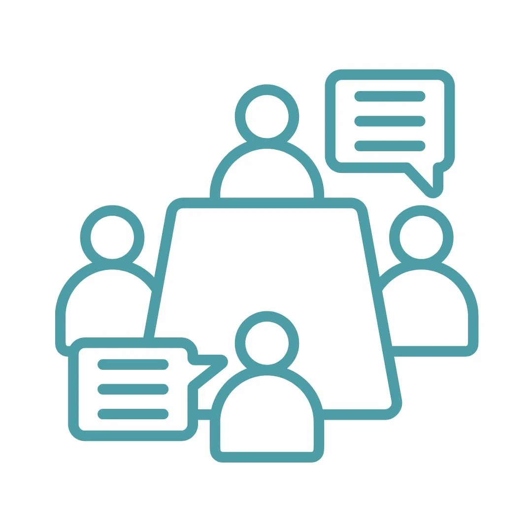 Line drawing of four people sitting around a conference table, with speech bubbles indicating discussion.