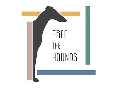 A silhouette of a greyhound and the words Free the Hounds.