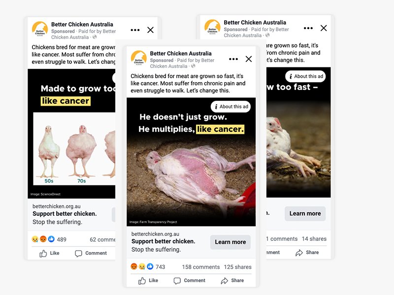 Advertisement from Better Chicken Australia showing chickens at different growth stages and a dead chicken with text highlighting their rapid growth and cancer risk.