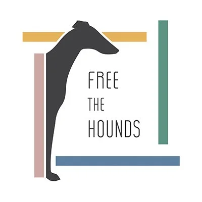A graphic design featuring the silhouette of a hound dog, with colorful horizontal bars and the text 'Free the Hounds'.