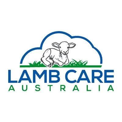 Logo for Lamb Care Australia, a cartoon lamb laying in a grassy field.