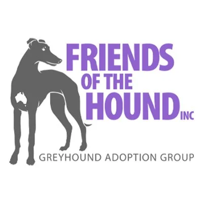 Logo for Friends of the Hound Inc., a Greyhound adoption group, featuring a black and gray illustration of a Greyhound dog with purple text.