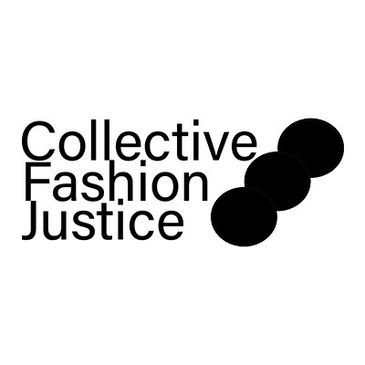 Text that reads 'Collective Fashion Justice' with four black circles arranged diagonally to the right of the text.