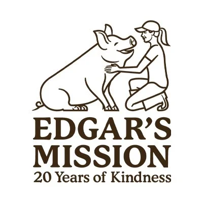 Illustration of a girl kneeling and petting a pig, with text reading 'Edgar's Mission, 20 Years of Kindness'